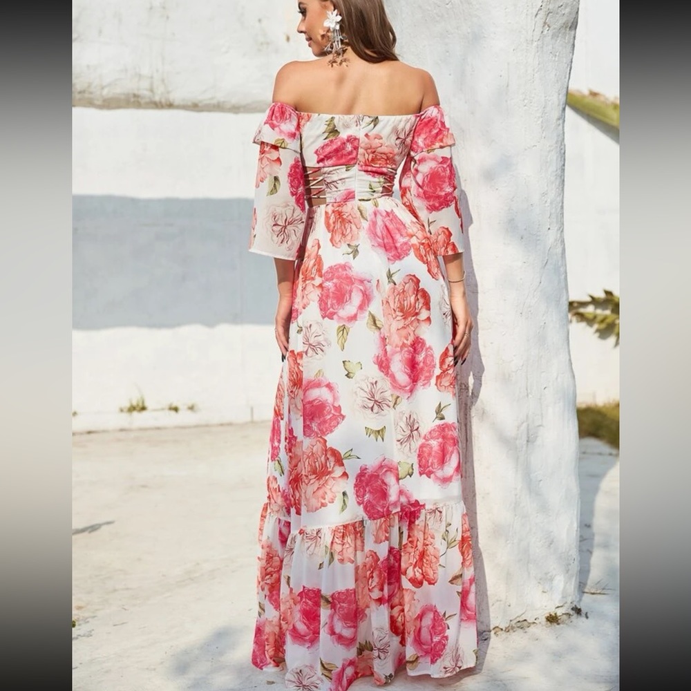 🔥FINAL SALE🔥 Off The Shoulder Floral Print Cut Out Maxi Dress - Picture 4 of 9